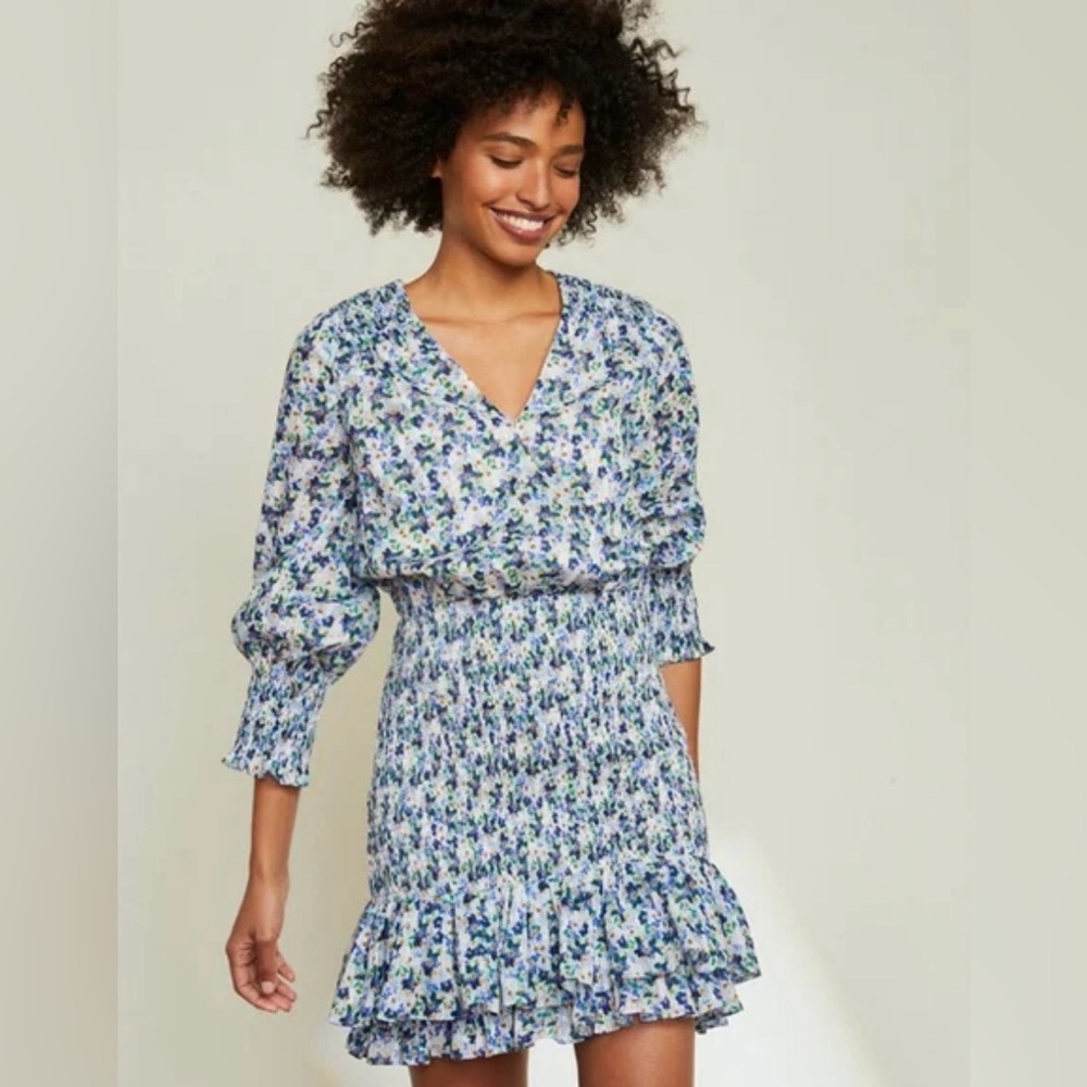Veronica Beard Darrah Smocked Floral Mini Dress in the Cobalt Multi Print